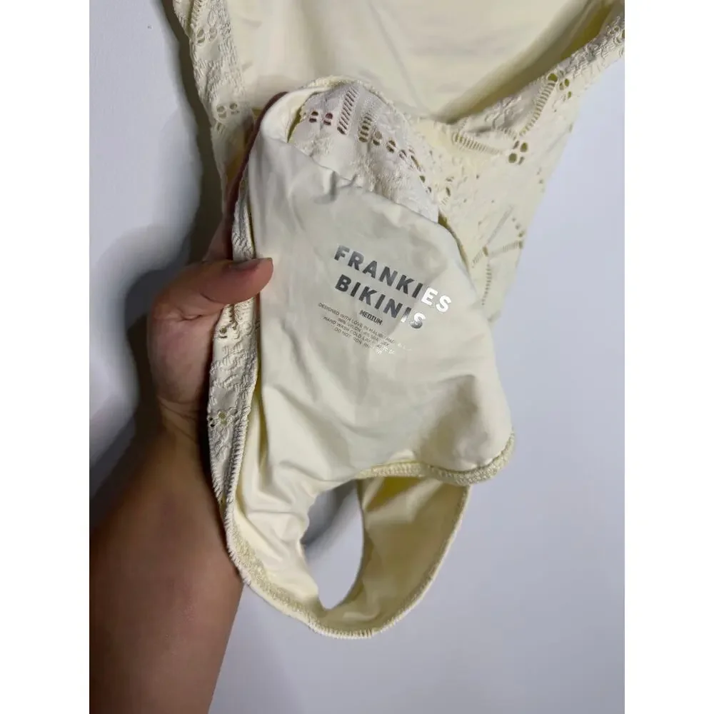 Frankies Bikinis Juliet one-piece swimsuit cream-colored patchwork eyelet design